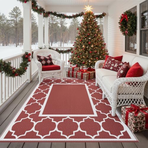 GENIMO Outdoor Rug, Waterproof Plastic Rugs for Patio, 5'x8' Red White - Image 5