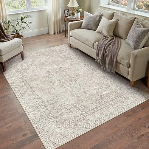 PureCozy Beige 3x5 Area Rug Washable Vintage Carpet Low Pile Non Slip - Image 3