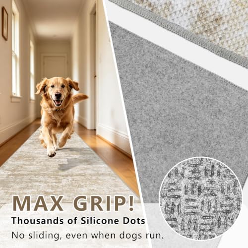 Long Hallway Runner Rug 2.6x16ft Textured Non Slip for Dogs,Beige/Yellow - Image 4
