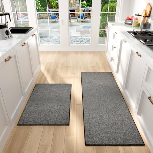 SUMLANS Kitchen Mat Set of 2 PCS, Cushioned Non Slip Rugs for Kitchen Floor, Absorbent Runner Comfort Standing Mats Washable for Kitchen, Office, Home (Black-Velvet, 17.3"x47"+17.3"x30") by SUMLANS