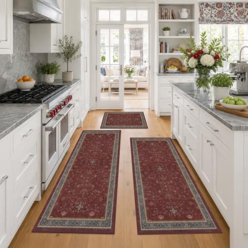 JTJ Burgundy Boho 3 Piece Kitchen Rug Set, Washable Non-Slip Mats by JTJ