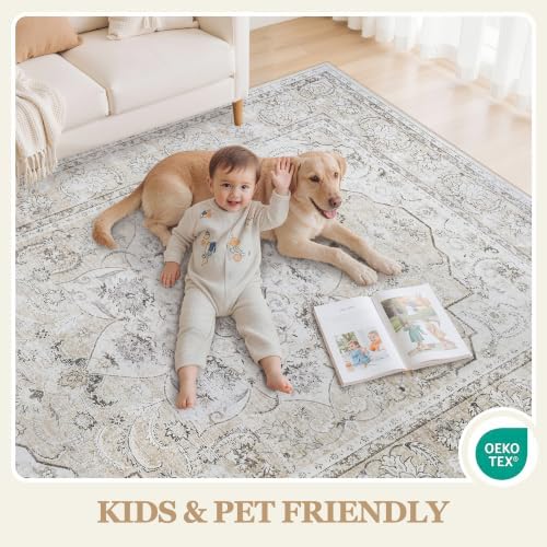 8x10 Washable Area Rugs for Living Room Beige White Non-Slip Rug - Image 4