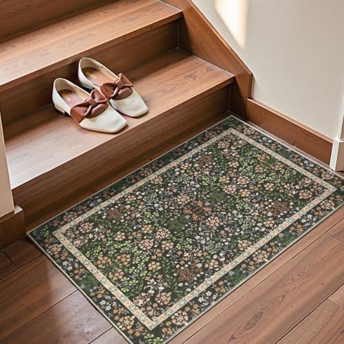 jinchan 2x3 Washable Entryway Area Rug, Floral Non-Slip, Black - Image 3