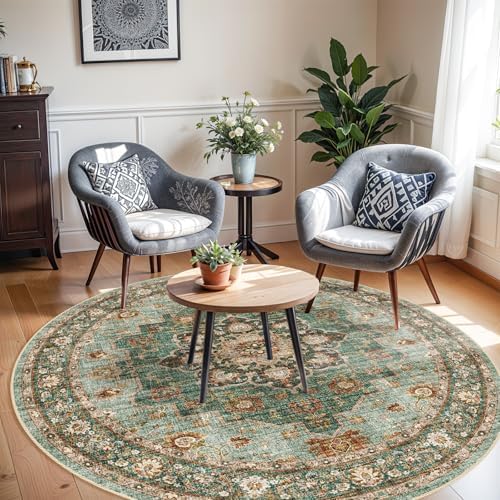 Washable Oriental Area Rug: 8ft Round Rug for Living Room Ultra Soft Carpet - Image 2