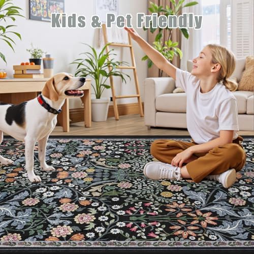 PLHXFR 3x10 Washable Runner Rug：Floral Indoor Kitchen Carpet Dark Black - Image 6