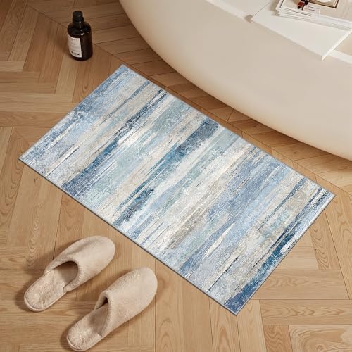 Entryway 2x4 Runner Rug Washable - Modern Abstract Non Slip Rugs for Kitchen Entrance Bedroom Low Pile Carpet for Hallway Entry Ultra-Soft Indoor Home Decor Floor Thin Mat for Bathroom 2X4 Blue by YOUFORTONG
