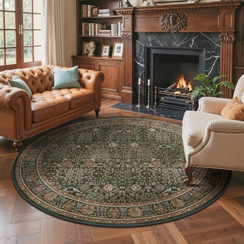 Bavni 8ft Round Area Rug 8x8, Washable Non Slip, Dark Green Brown - Image 2