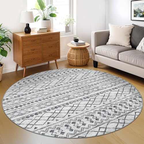 KUTA Boho Round Area Rugs 6Ft Grey Moroccan Circle Washable Rug by KUTA