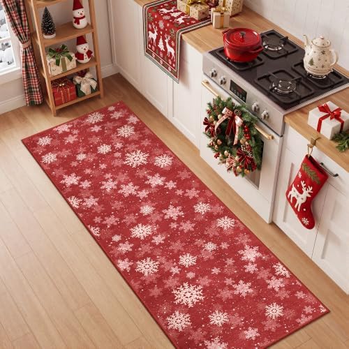 2x6 Runner Rug Non Slip for Entrance, Washable Christmas Kitchen Rugs, Ultra-Thin Snowflake Bathroom Rug Runner, Soft Red and White Christmas Decor Indoor(2'x6', Red/White) - Image 3