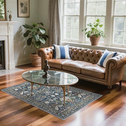 4x6 Living Room Area Rugs: Washable Boho Bedside Rugs Non Slip Low Pile Floral Small Carpet for Kitchen Bedroom Non-Shedding Floor Mat for Kids Room Office Dining Room(4x6 Floral/Blue) by HYHAOYUNLAI