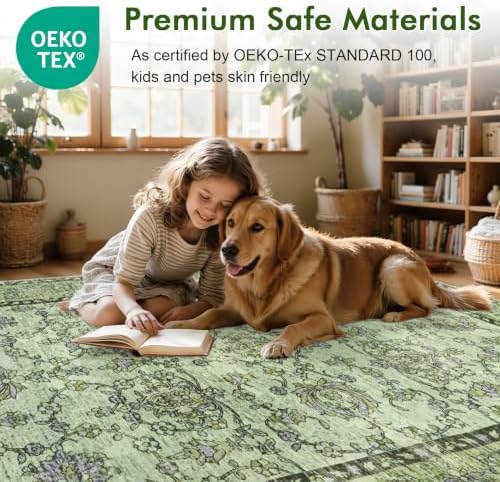 6x9 Ft Vintage Area Rugs for Living Room, Thin Soft Washable Carpet Green - Image 4