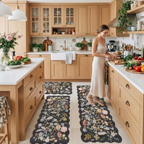 Scalloped Kitchen Rug Set of 3: Washable Floral Soft Boho Kitchen Runenr - Image 3
