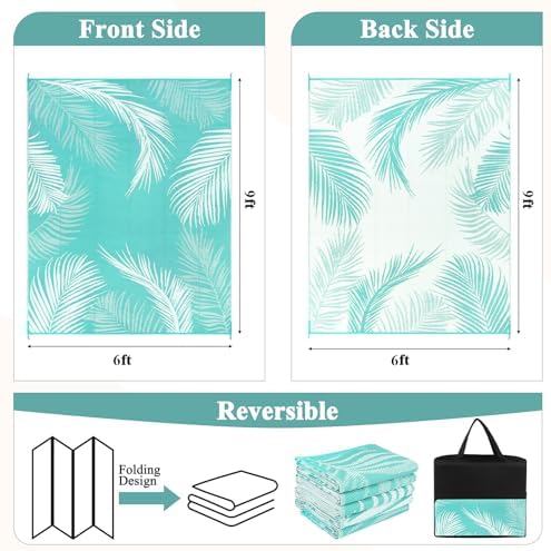 Pauwer Waterproof Outdoor Rug 6x9, Plastic Patio Mat, Leaf Light Blue - Image 2