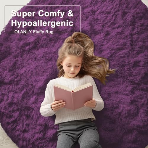 OLANLY Dark Purple Round Rugs for Bedroom - Machine Washable, 5 ft Circle Area Rugs for Living Room, Soft and Fluffy Shaggy Carpet for Teen Girl and Boys, Nursery Rooms, Dorms, Home Decor Aesthetic - Image 6