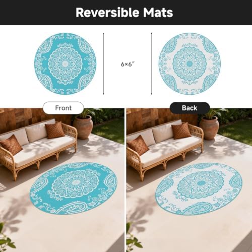 Pauwer Outdoor Rug 6ft, Waterproof Plastic Straw Camping Rug, Boho Teal - Image 2