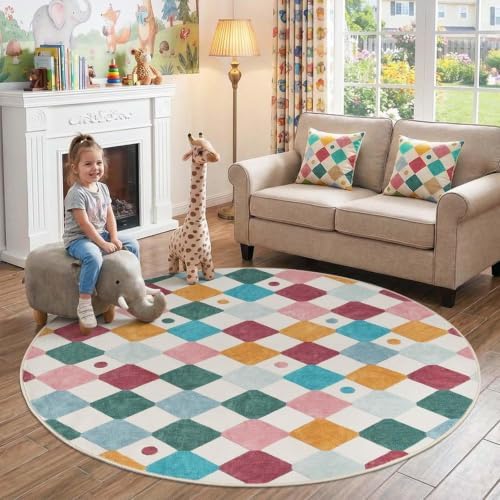 jinchan 6ft Kids Round Rug Washable Colorful Classroom Rug Confetti - Image 3