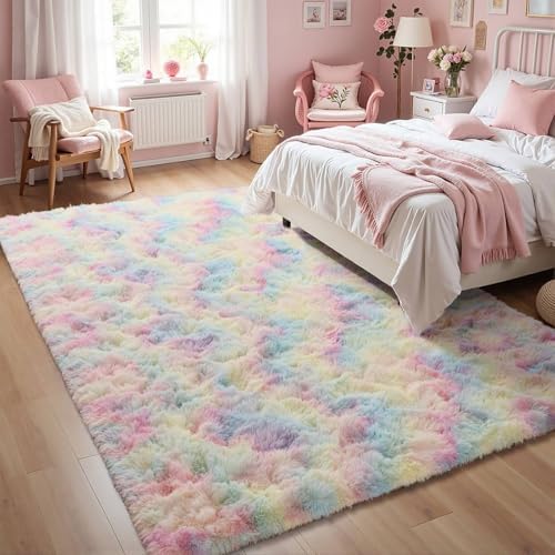 6x9 ft Fluffy Rainbow Area Rug for Bedroom Soft Fuzzy Living Room Rug Non-Slip Shag Rugs Carpet for Nursery Kids Play Room Dorm Office Indoor Modern Plush Carpets - Image 3