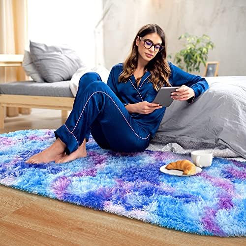 Noahas Oval Fluffy Purple Rainbow Rug 2.6X5.3 Small Kids Rugs for Bedroom Girls And Boys Aesthetic,Bedside Bedroom Rug,Ultra Soft Runner Carpet Modern Shaggy Nursery Area Rugs Home Decor'' - Image 3