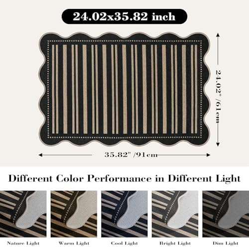 Striped Easy Jute Entryway Rug, 2x3 Black Indoor Outdoor Doormat, Washable Small Kitchen Rug Non Slip Farmhouse Scalloped Rugs for Front Door Entrance Bathroom - Image 2