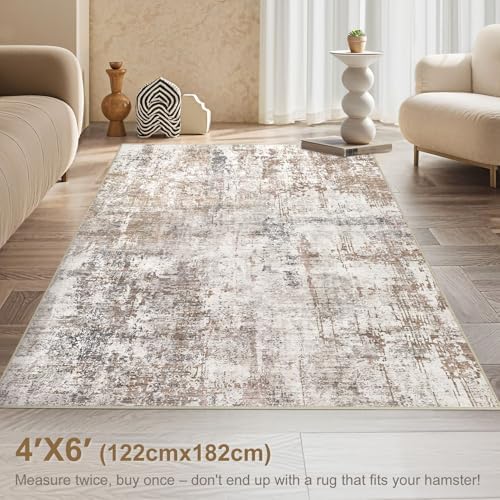 UERMEI 4x6 Area Rug Living Room Rugs - Washable Neutral Modern Abstract Soft Thin Rug Indoor Floor No Slip Rug Carpet for Bedroom Under Dining Table Home Office Decor - Brown/Grey/Red - Image 3