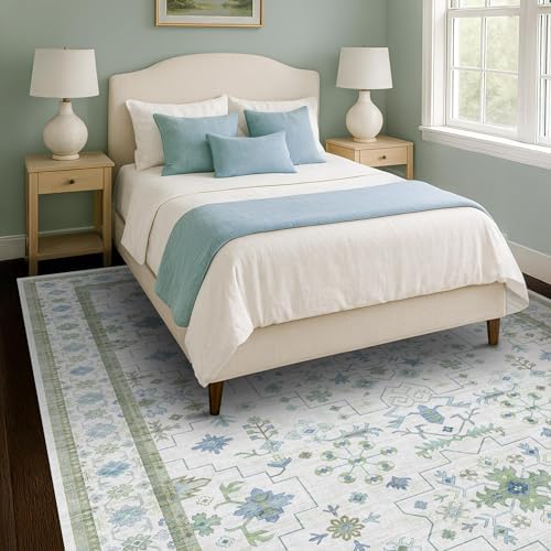 Cream Green Large 8x12 Area Rug for Living Room - Washable Non Skid Geometric Floral Carpet for Dining Room, Playroom, Bedroom - Blue and Green Soft Floral Rug - Image 3