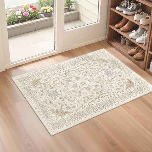 befbee 2x3 Washable Rugs, Entryway Non Slip Stain Resistant Beige Rug by Befbee