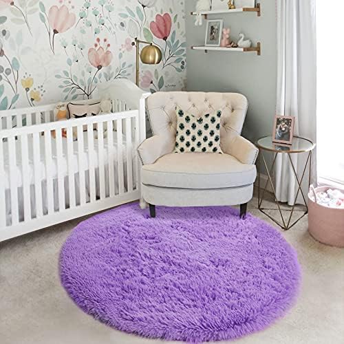 Amdrebio Purple Shaggy Small Round Circle Area Rug 3Ft for Girls Bedroom - Image 5