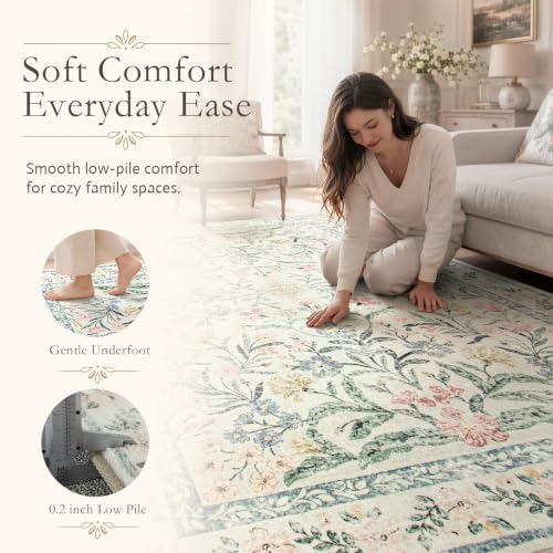 Wonnitar Large Living Room Rug, Floral 10 x 14 Machine Washable Area Rugs, Soft Boho Ultra-Thin Non-Shedding Indoor Aesthetic Carpet for Bedroom Dining Room Office - Image 3