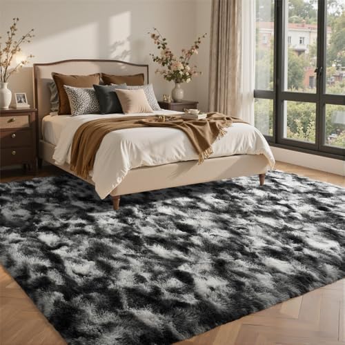 6x9 Ft Large Shag Rugs for Living Room Decor, Tie-Dyed Ultra Soft Fluffy Furry Area Rugs for Bedroom Indoor Floor, Aesthetic Carpet for Kids Home (Black Grey) - Image 3