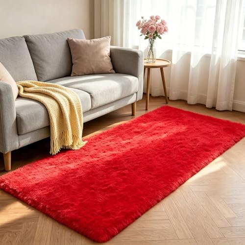 Shag Runner Rug for Bedroom Living Room 3x7 Upgrade Non-Slip Fluffy Soft Bedside Rugs,Red Shaggy Carpet for Livingroom Dorm Home Decor Aesthetic - Image 2