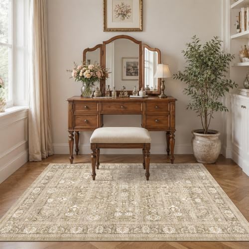 4x6 Washable Bedroom Area Rug Non-Slip Vintage Khaki Throw Carpet - Image 3