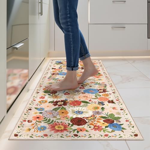 Beige Floral Hallway Runner Rug 2x5 for Bedroom Kitchen by WelcometoBabovid