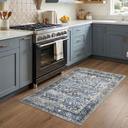 KUTA Vintage Floral 3x4 Entryway Rug Washable Area Rugs Blue Grey Beige - Image 3