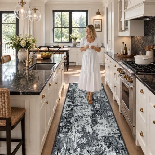 RELEANY Washable Runner 2'x6' Abstract Area Rug for Hallway Black White - Image 3