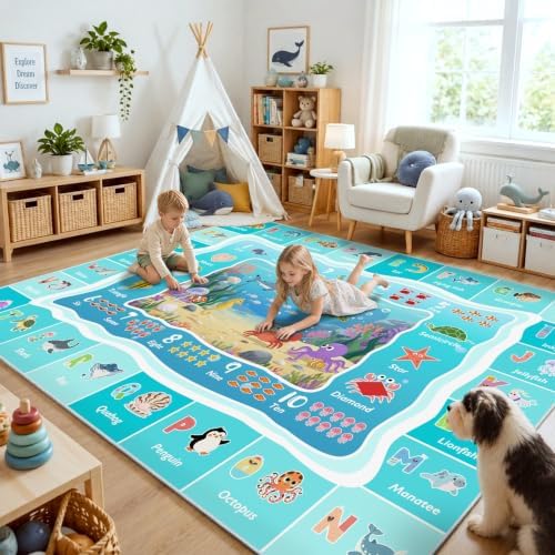 ABC Kids Ocean Rug for Playroom, 8x10 ft Alphabet Classroom Rug by GRAMBET