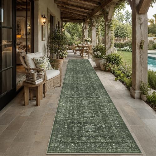 3x14 Washable Kitchen Runner Rug Soft Vintage Dark Green Throw Carpet - Image 4