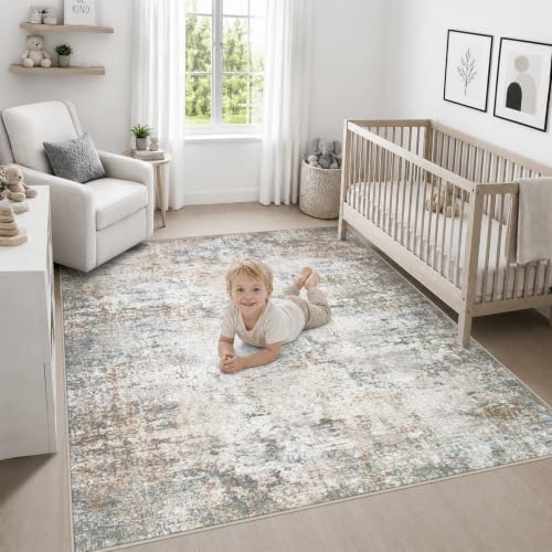 Area Rug Living Room: 5x5 Modern Washable Indoor Soft Carpet Brown - Image 5