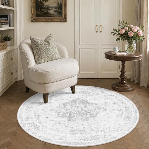4ft Round Washable Office Rug Non-Slip Medallion Gray Throw Carpet by HOME