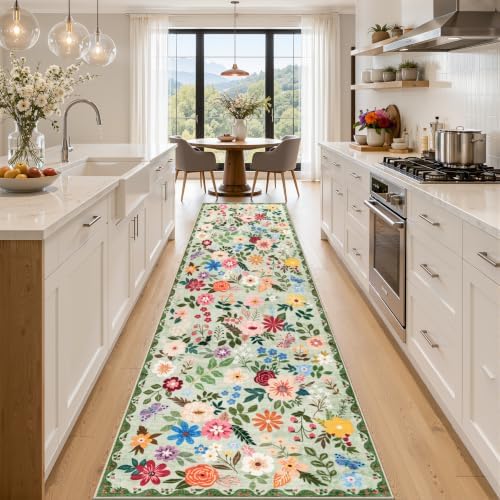 PLHXFR 2.6x14 Washable Runner Rug：Floral Indoor Kitchen Soft Carpet Green by PLHXFRSoftAreaRugs