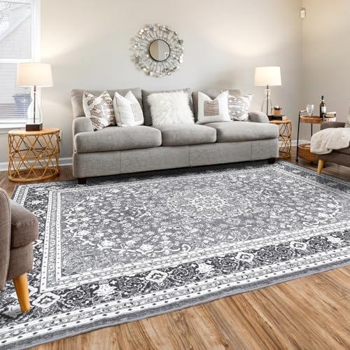 Lessymo Washable Area Rug 5x7 for Living Room, Soft Bedroom Rugs Grey White by Lessymo