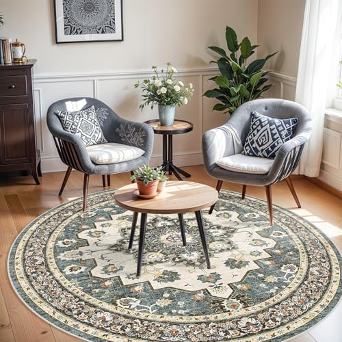 Area Rugs Round 6ft Non-Slip：Floral Vintage Distress Medallion Carpet Blue - Image 2