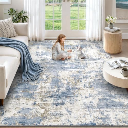 XLUEZ 5x7 Area Rugs for Living Room, Washable Modern Abstract Large Area Rug Neutral Soft Non Slip Kids Rug Stain Resistant Indoor Carpet for Bedroom Nursery Dining Room Playroom(Blue, 5'x7') by XLUEZ