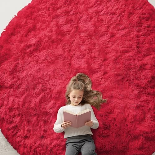 OLANLY Red Round Rugs for Bedroom - Machine Washable, 9 ft Circle Area Rugs for Living Room, Soft and Fluffy Shaggy Carpet for Teen Girls and Boys, Nursery Rooms, Dorms, Home Decor Aesthetic by OLANLY