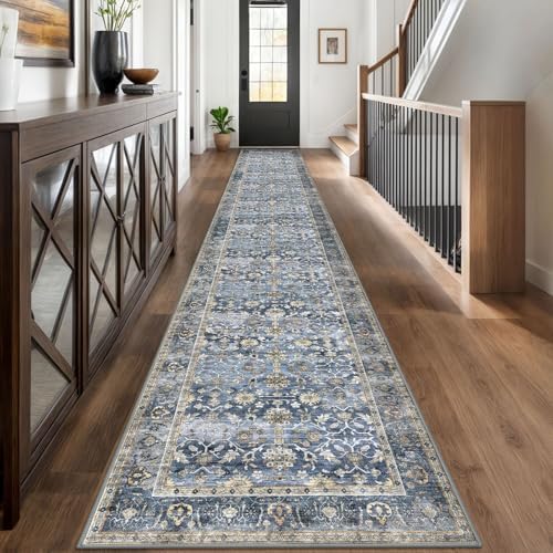 KUTA Vintage Washable Long Runner Rug 2.6x18 Blue Grey Beige Hallway Rug by KUTA