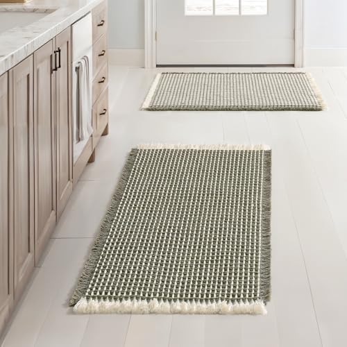 MIULEE Set of 2 Waffle Bathroom Rugs Boho Bath Mat Green&Cream 17x24 Inch by MIULEE