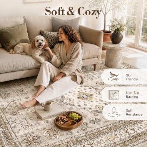 cotiled 10x12 Area Rug for Living Room, Washable, Traditional, Beige - Image 4