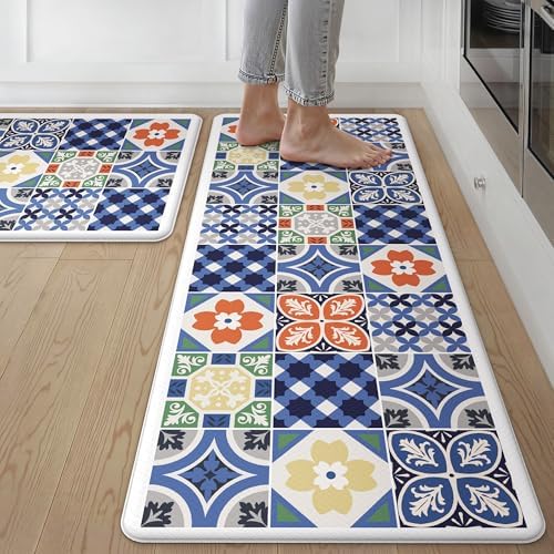 GENIMO Anti Fatigue Kitchen Mats for Floor 2PCS, Standing Rugs, Blue by GENIMO