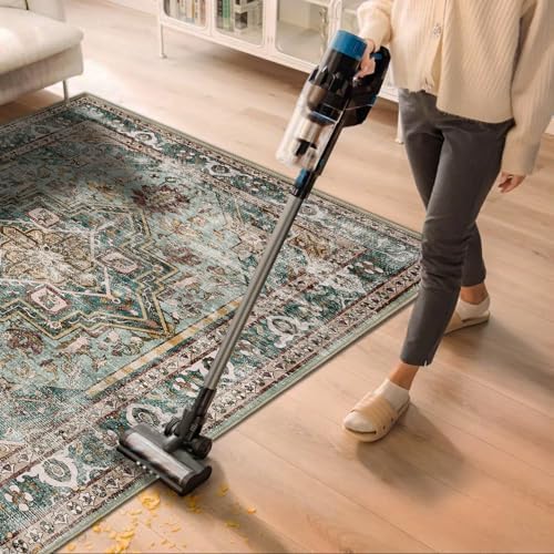 CHAMPLANT 3'x5' Vintage Washable Thin Green Area Rug Tangerine Traditional Floor Cover Foldable Indoor Distressed Non Slip Carpet Floral Print Mat Bedroom Living Room Bathroom - Image 2