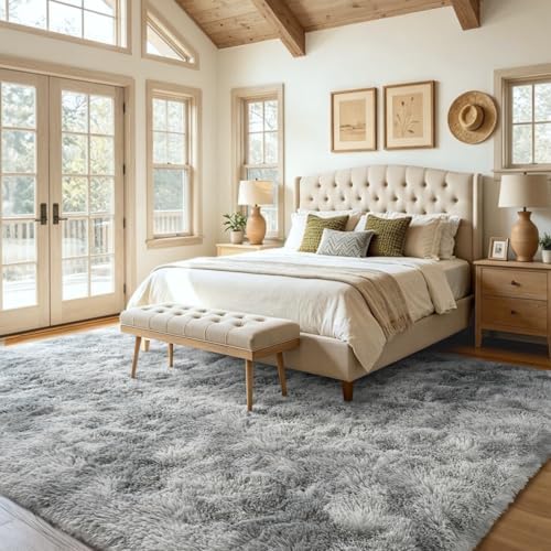 7x10 Ft Extra Large Shag Rugs for Living Room, Tie Dyed Ultra Soft Fluffy Furry Area Rugs for Bedroom Indoor Floor, Aesthetic Carpet for Kids Home Decor (Light Grey) - Image 3