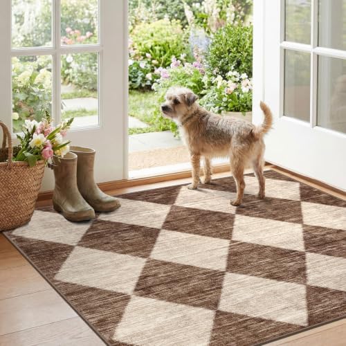 3x3 Square Entryway Rug - Non-Slip Washable Front Door Mat Indoor Outside Entrance Small Porch Rug Rustic Brown Beige Checkered Throw Rugs for Entryway Kitchen Bedroom Office Front Porch Decor - Image 4